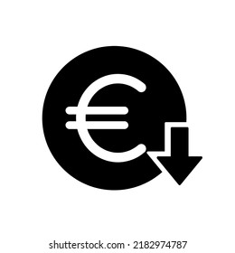 euro sign with arrow down rounded black filled vector icon, cost reduction price icon