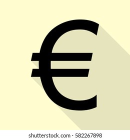 Euro sign. Black icon with flat style shadow path on cream background.
