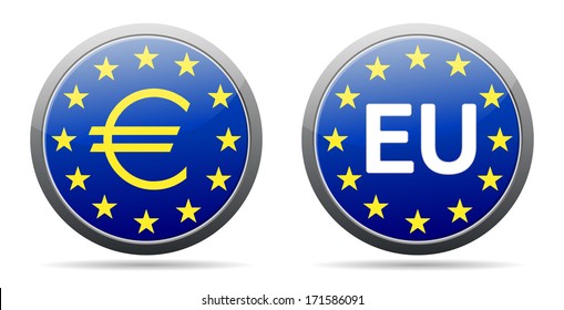 Euro sign button - EU button with gold (yellow) stars and light shadow on white background