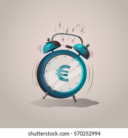 Euro sign cartoon alarm clock. Vector illustration. Isolated object.