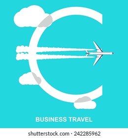 Euro sign from the clouds and the trace of the plane . Creative start concept. Vector illustration. Flat design 