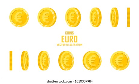 Euro sign golden coins isolated on white background. Set of flat icon design of spinning or rotating coin with symbol at different angles for motion, animation or game. Vector illustration.