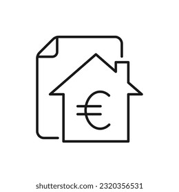 Euro sign with house and paper. Home insurance, mortgage icon line style isolated on white background. Vector illustration