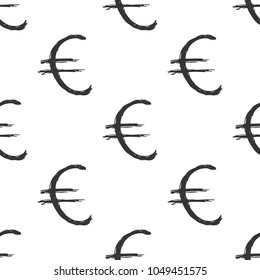 Euro sign icon brush lettering seamless pattern, Grunge calligraphic symbols background, vector illustration.