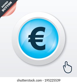 Euro sign icon. EUR currency symbol. Money label. Blue shiny button. Modern UI website button with hand cursor pointer. Vector