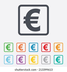 Euro sign icon. EUR currency symbol. Money label. Round squares buttons with frame. Vector