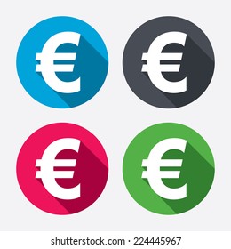 Euro sign icon. EUR currency symbol. Money label. Circle buttons with long shadow. 4 icons set. Vector
