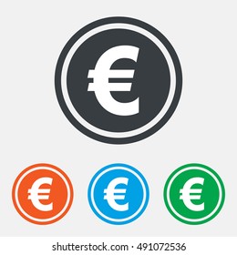 Euro sign icon. EUR currency symbol. Money label. Graphic design web element. Flat money euro symbol on the round button. Vector
