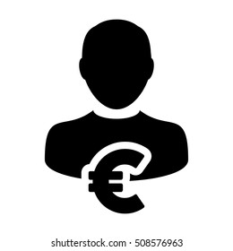 Euro Sign Icon With Vector Person Avatar Symbol for Male Business and Finance in Glyph Pictogram illustration