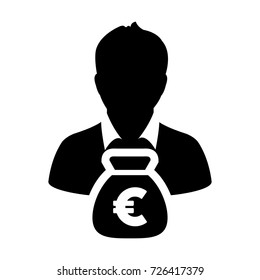 Euro Sign Icon Vector Person Male Avatar Symbol With Money Bag for Business Finance and Bank Savings Account in Glyph Pictogram illustration