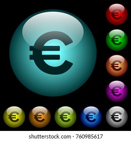 Euro sign icons in color illuminated spherical glass buttons on black background. Can be used to black or dark templates