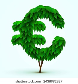 Euro sign made from leaves. Concept of business and investment. Vector illustration