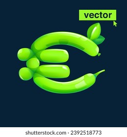 Euro sign made of twisted balloons. Eco-friendly realistic 3D render with green leaves. Vector elements in cartoon style. Perfect for sale banner, healthy food labels, garden art, and grass adv.