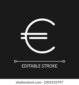Euro sign pixel perfect white linear ui icon for dark theme. Foreign currency. Richness. Vector line pictogram. Isolated user interface symbol for night mode. Editable stroke. Arial font used