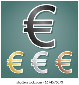 Euro sign. Set of metallic Icons with gray, gold, silver and bronze gradient with white contour and shadow at viridan background. Illustration.