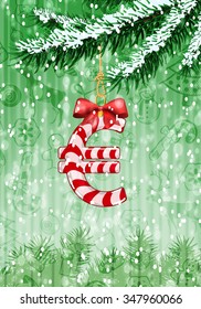 Euro sign in shape of candy on christmas tree with snow on evergreen branches. Vector illustration on green background with holiday texture
