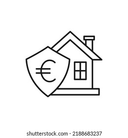 Euro Sign And Shield With House. Home Insurance Icon Line Style Isolated On White Background. Vector Illustration