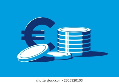 Euro sign and stack of metall coins. Currency of the European Union. Tower of glowing money in flat style. Banking and economy, investment and profit, earnings and pay concept