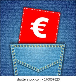 Euro sign tag. Blue back jeans pocket realistic denim texture