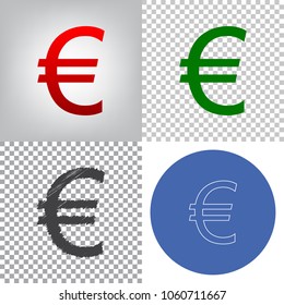 Euro sign. Vector. 4 styles. Red gradient in radial lighted background, green flat and gray scribble icons on transparent and linear one in blue circle.