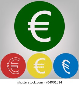 Euro sign. Vector. 4 white styles of icon at 4 colored circles on light gray background.