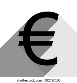 Euro sign. Vector. Black icon with two flat gray shadows on white background.