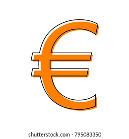 Euro sign. Vector. Black line icon with shifted flat orange filled icon on white background. Isolated.
