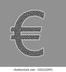 Euro sign. Vector. Black maze filled icon with white border at gray background.