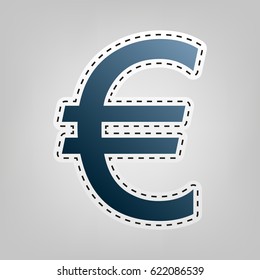 Euro sign. Vector. Blue icon with outline for cutting out at gray background.