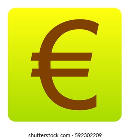 Euro sign. Vector. Brown icon at green-yellow gradient square with rounded corners on white background. Isolated.