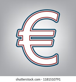 Euro sign. Vector. Dark red, transparent and midnight green stroke of white icon at grayish background.