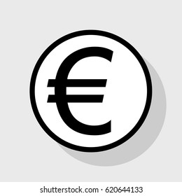 Euro sign. Vector. Flat black icon in white circle with shadow at gray background.