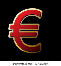 Euro sign. Vector. Red icon with small black and limitless shadows at golden sticker on black background.
