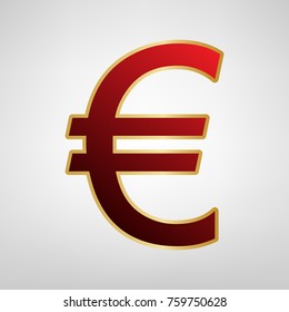 Euro sign. Vector. Red icon on gold sticker at light gray background.