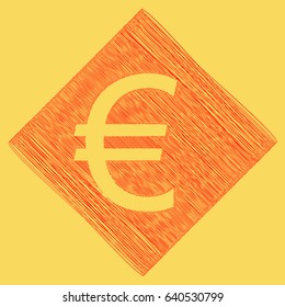 Euro sign. Vector. Red scribble icon obtained as a result of subtraction rhomb and path. Royal yellow background.
