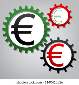 Euro sign. Vector. Three connected gears with icons at grayish background.