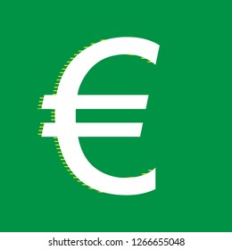 Euro sign. Vector. White flat icon with yellow striped shadow at green background.