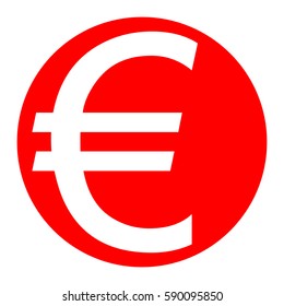 Euro sign. Vector. White icon in red circle on white background. Isolated.
