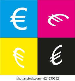 Euro sign. Vector. White icon with isometric projections on cyan, magenta, yellow and black backgrounds.