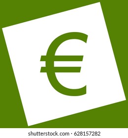 Euro sign. Vector. White icon obtained as a result of subtraction rotated square and path. Avocado background.