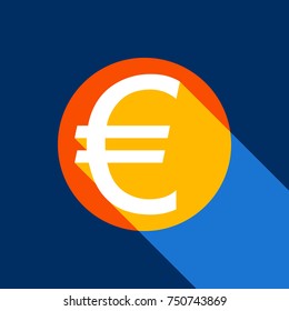 Euro sign. Vector. White icon on tangelo circle with infinite shadow of light at cool black background. Selective yellow and bright navy blue are produced.