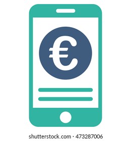 Euro Smartphone Banking icon. Vector style is bicolor flat iconic symbol, cobalt and cyan colors, white background.