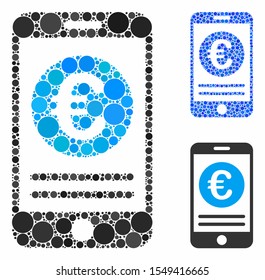 Euro smartphone banking mosaic of filled circles in various sizes and color tones, based on Euro smartphone banking icon. Vector random circles are composed into blue mosaic.
