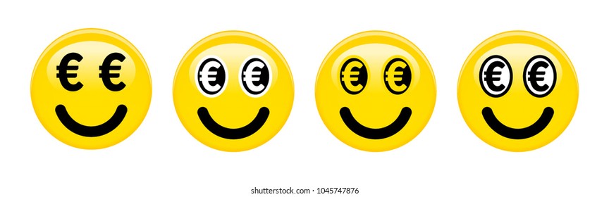 Euro Smiley Emoticon. Gelbe 3D-Emoji mit schwarz-weißen Euro-Symbolen anstelle von Augen.