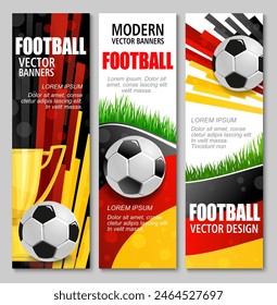 Euro soccer cup 2024 banners. Modern football vector promotional cards with 3d soccer balls, grass and trophy. Vertical flyers in red, black, yellow and white colors for European German tournament