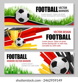 Euro soccer cup Germany 2024 banners with realistic 3d football balls, trophy and grass. Vibrant vector dynamic backgrounds with German flag black, red, yellow colors, promoting the tournament event