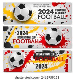 Euro soccer cup Germany 2024 banners features football balls and splashes of color in red, black, and yellow, representing the German flag. Dynamic vector horizontal cards for the upcoming tournament