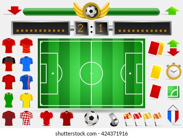 Euro Soccer Field Football Layout Apparel Jerseys Score Board Point Yellow Card Red Card Whistle Objects International Championship Soccer and Equipment events Vector Illustration Copa