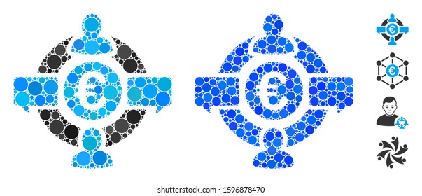 Euro social network composition of filled circles in various sizes and color tinges, based on Euro social network icon. Vector small circles are composed into blue composition.