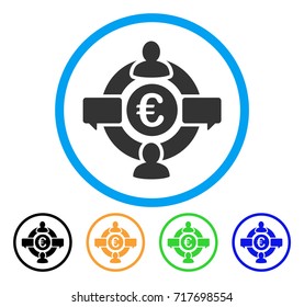 Euro Social Network icon. Vector illustration style is a flat iconic euro social network grey rounded symbol inside light blue circle with black, green, blue, yellow color versions.